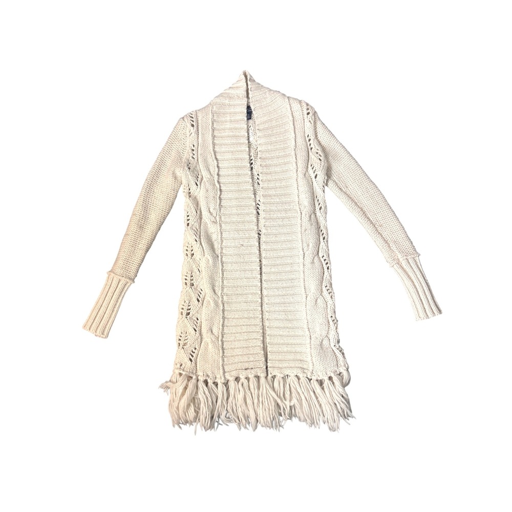 American Eagle Cream Cable Knit Fringe Hem Longline Cardigan Sweater XS